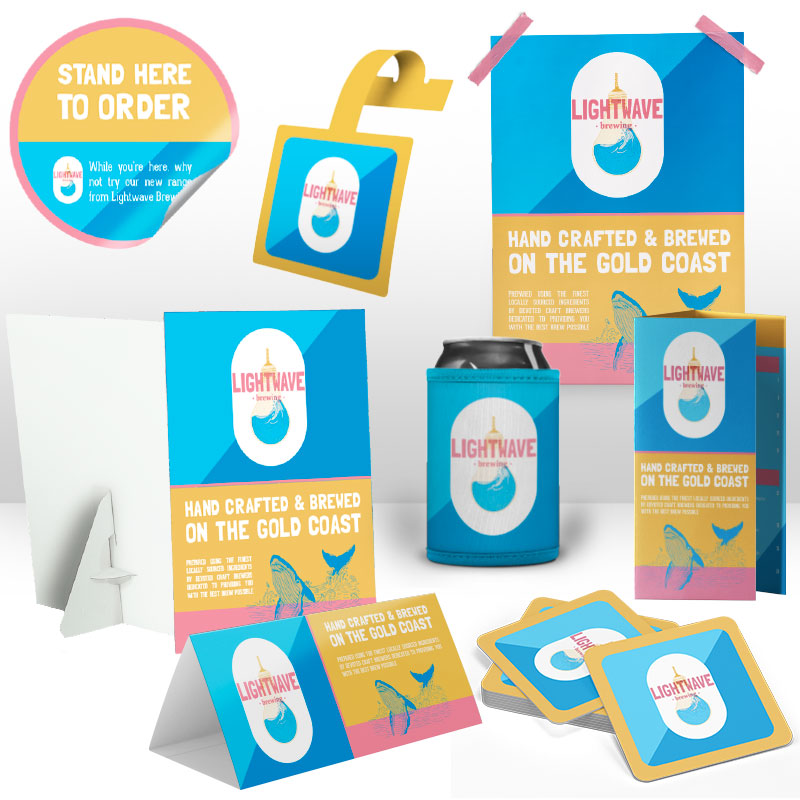 advertising promotional kit with digital printed poster, tent card, drink coasters, shirt, hat and stubby cooler