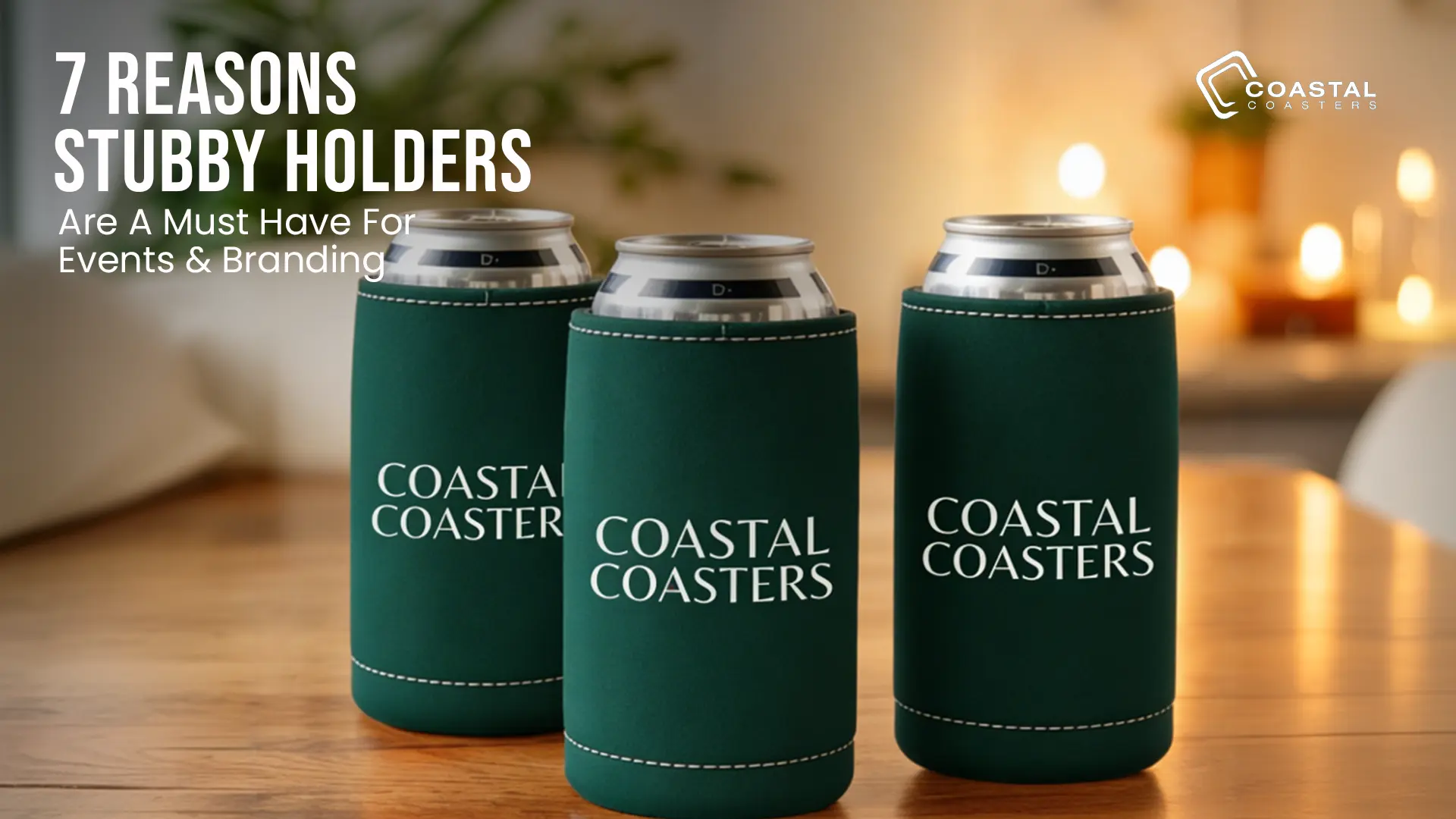 Promotional display for Coastal Coasters featuring branded print products for hospitality and retail marketing.