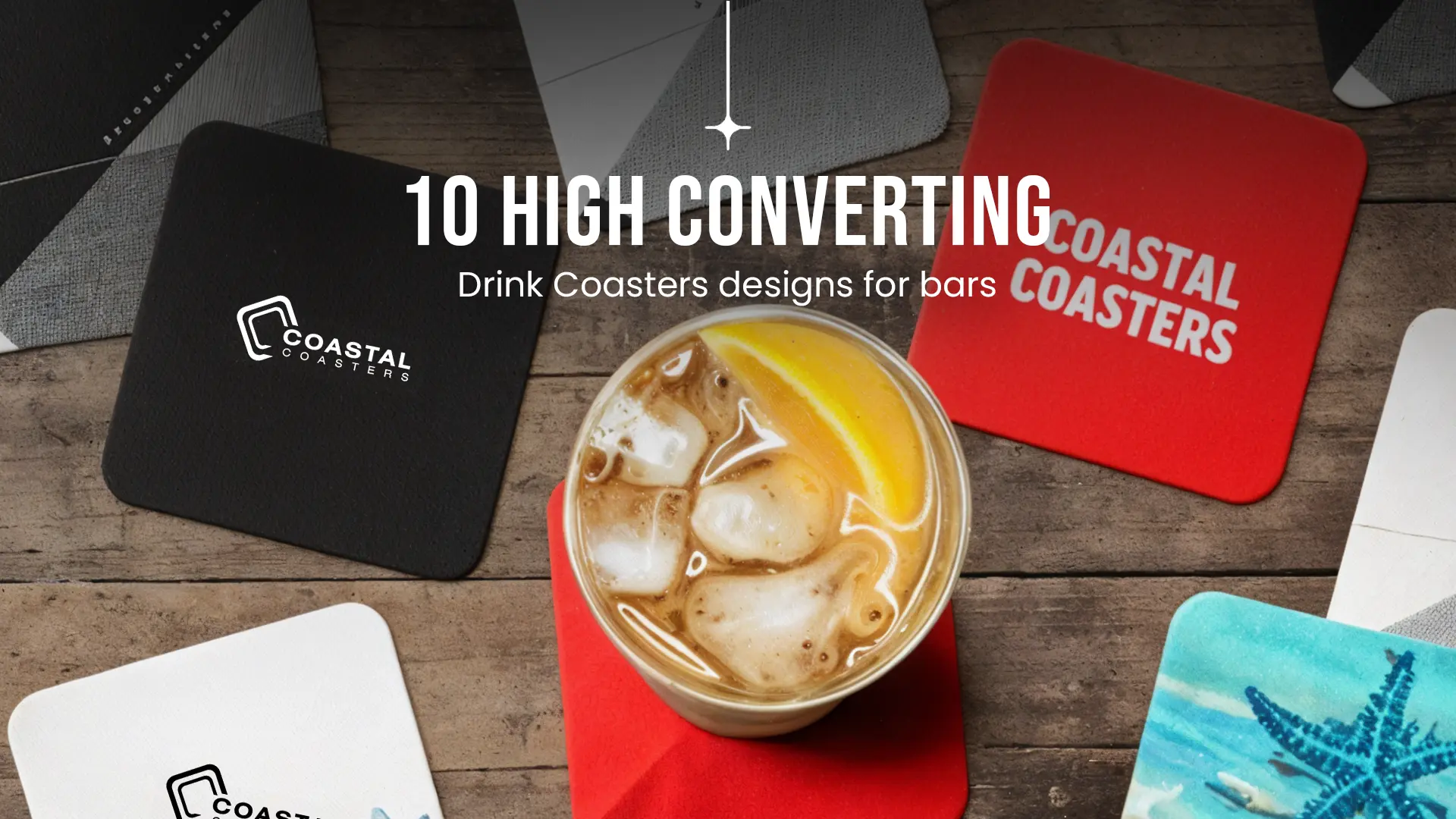 Promotional display for Coastal Coasters featuring branded print products for hospitality and retail marketing.