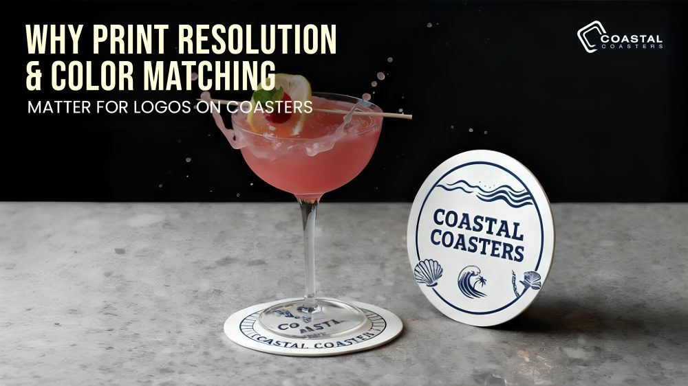 Promotional display for Coastal Coasters featuring branded print products for hospitality and retail marketing.