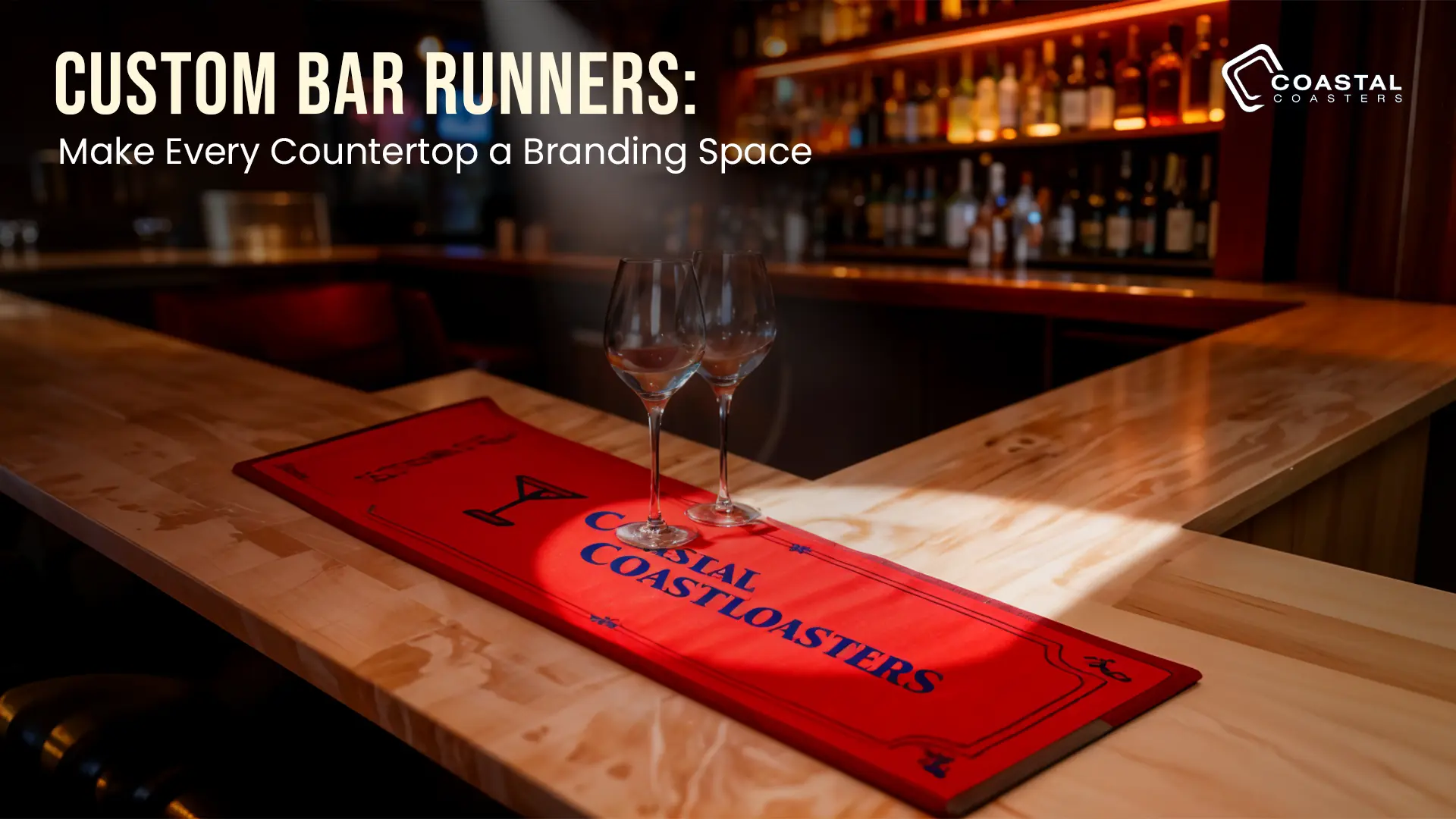 Promotional display for Coastal Coasters featuring branded print products for hospitality and retail marketing.