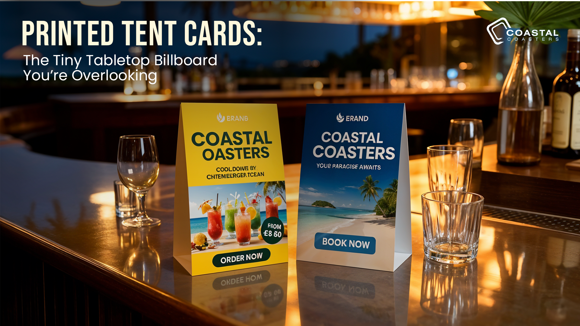 Promotional display for Coastal Coasters featuring branded print products for hospitality and retail marketing.
