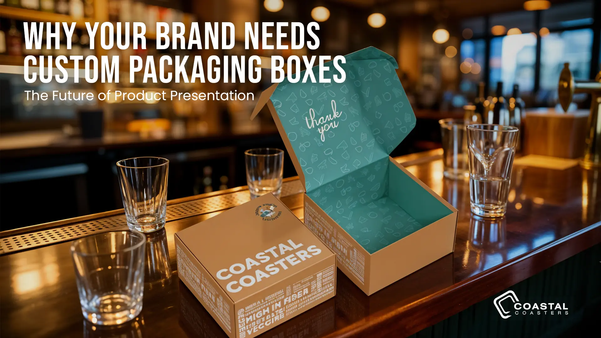Promotional display for Coastal Coasters featuring branded print products for hospitality and retail marketing.
