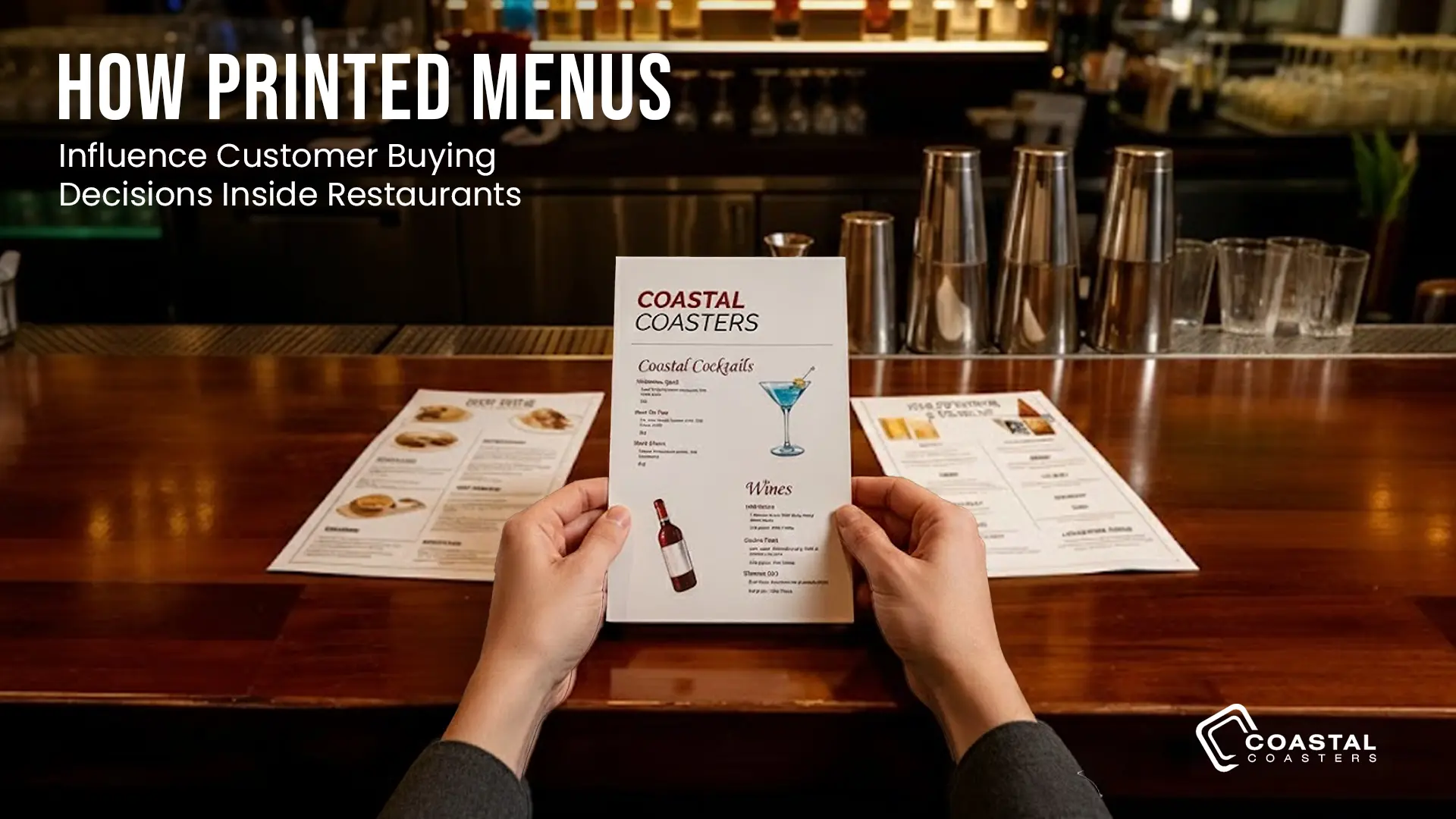 Promotional display for Coastal Coasters featuring branded print products for hospitality and retail marketing.