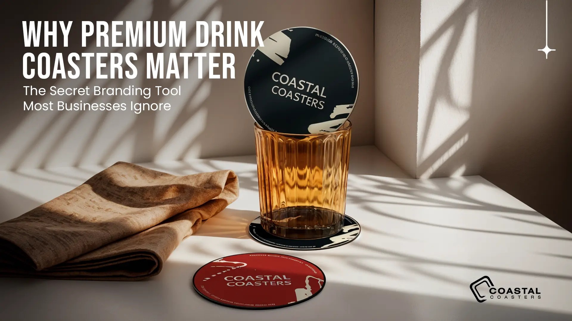 Promotional display for Coastal Coasters featuring branded print products for hospitality and retail marketing.