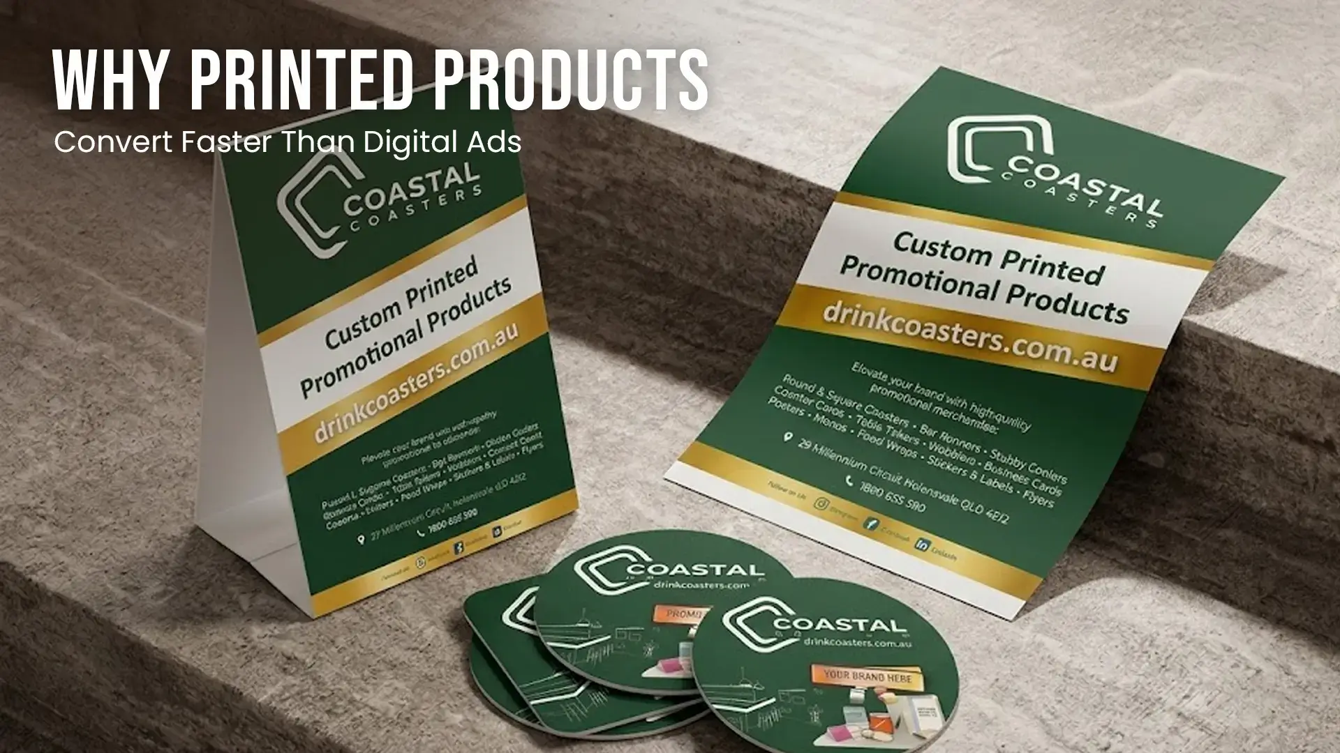 Coastal Coasters' promotional display featuring a printed table talker, flyer, and round branded drink coasters in green, white, and gold.