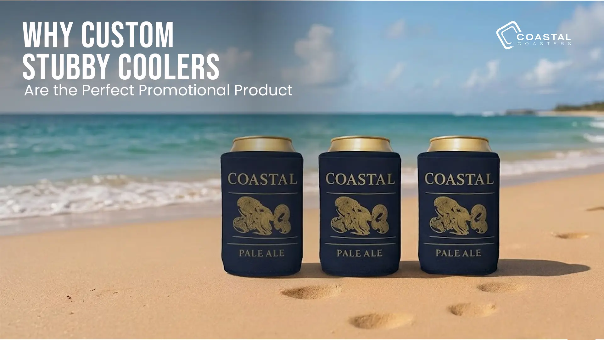 Promotional display for Coastal Coasters featuring branded print products for hospitality and retail marketing.