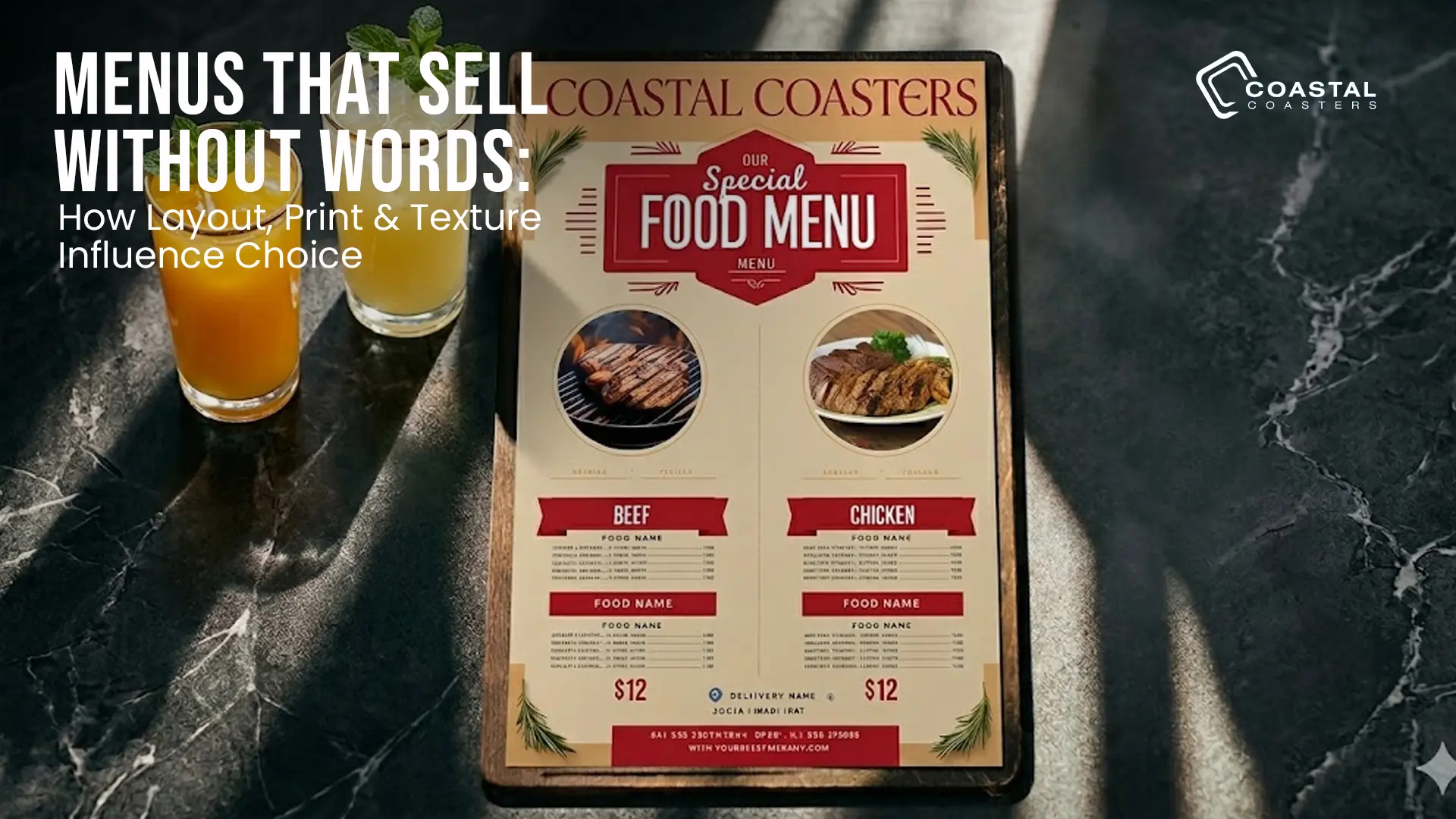 Promotional display for Coastal Coasters featuring branded print products for hospitality and retail marketing.