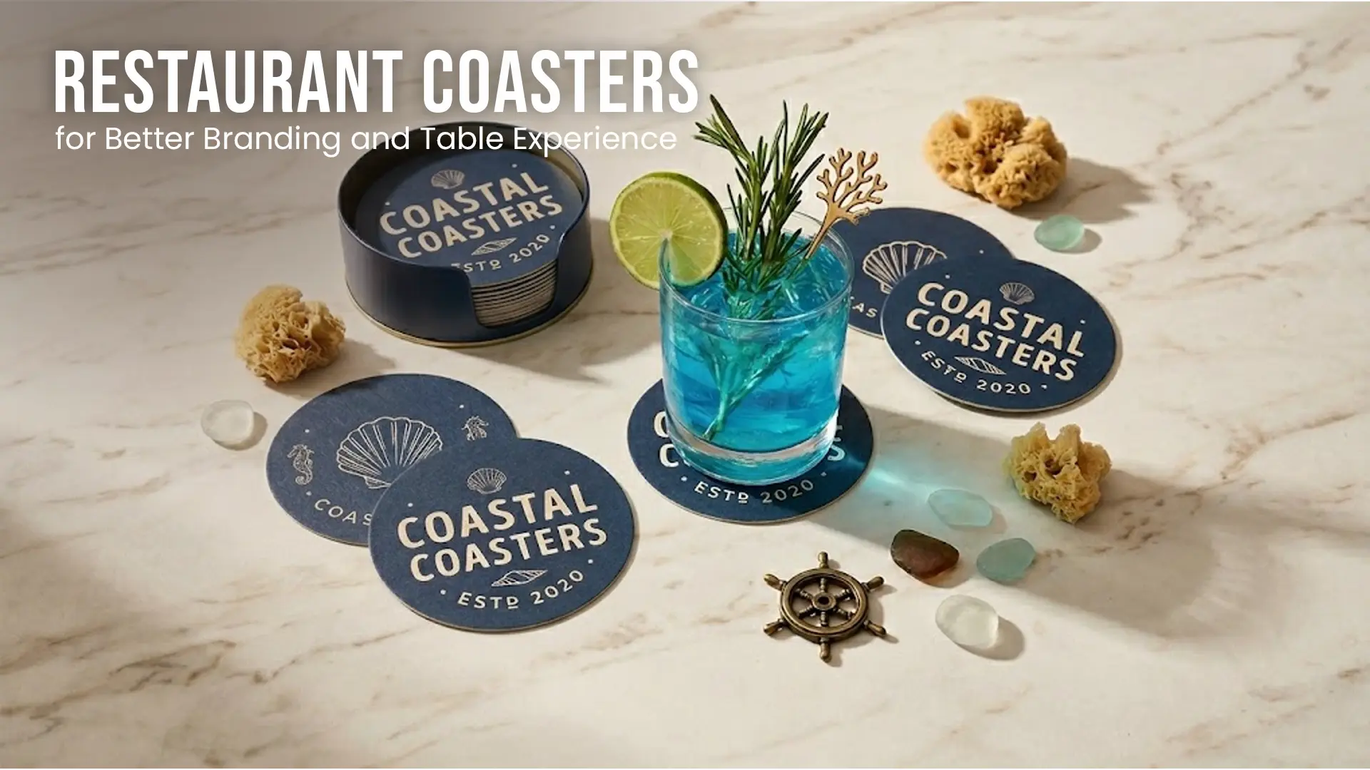 Promotional display for Coastal Coasters featuring branded print products for hospitality and retail marketing.