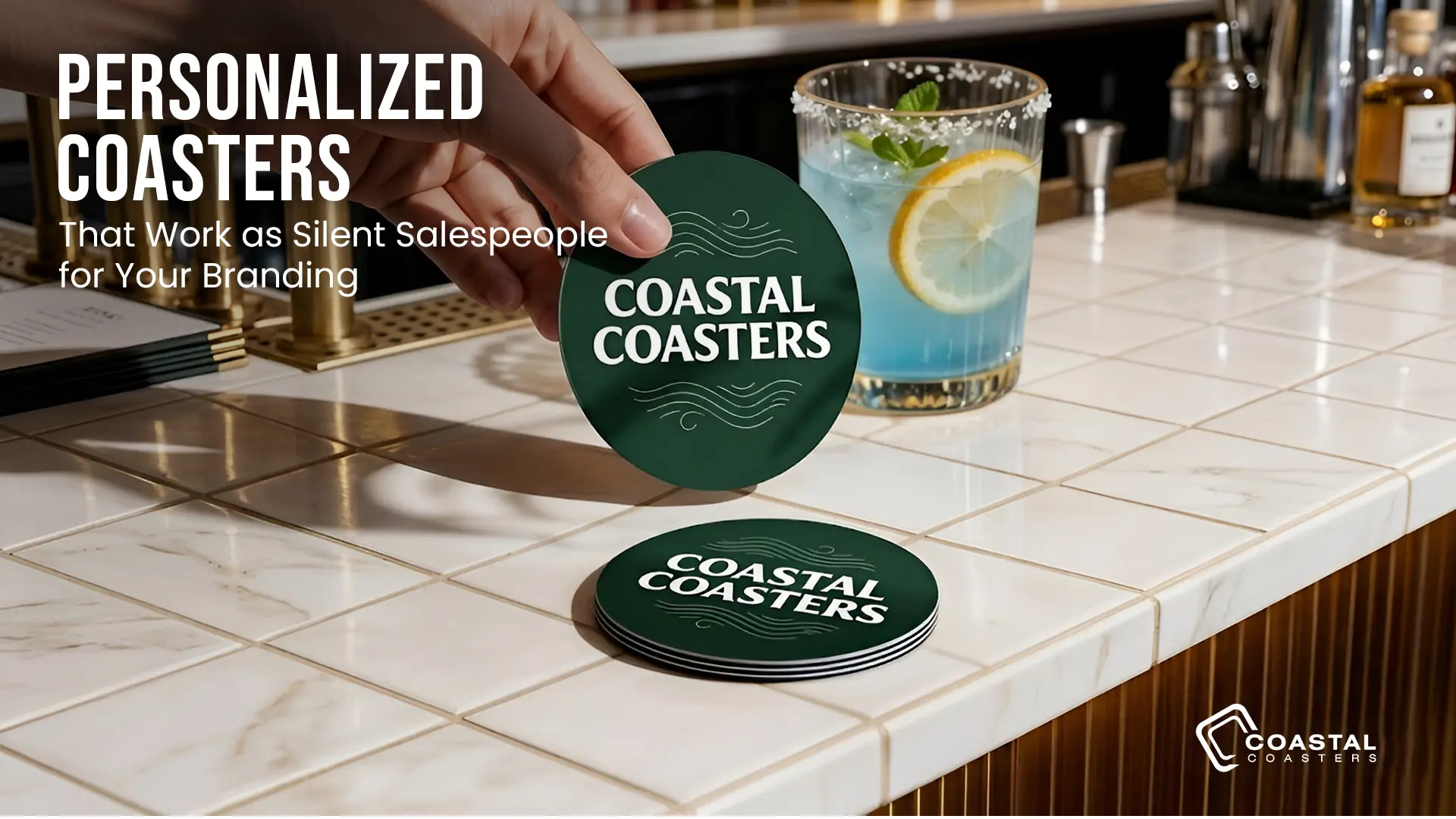 Promotional display for Coastal Coasters featuring branded print products for hospitality and retail marketing.