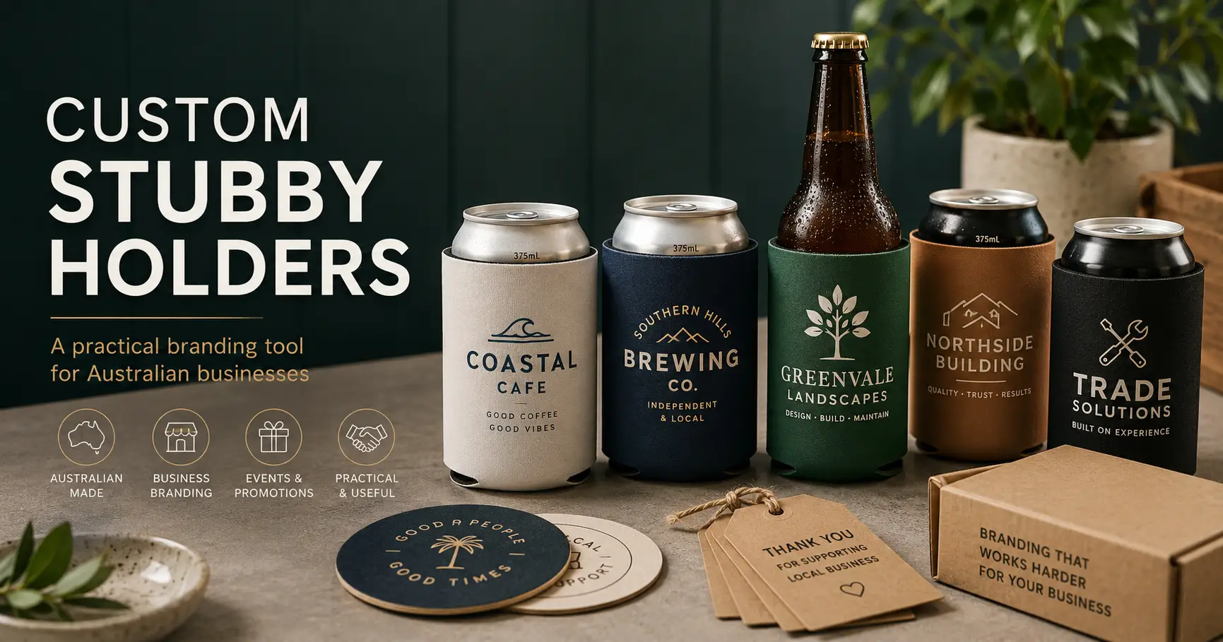 Promotional display for Coastal Coasters featuring branded print products for hospitality and retail marketing.