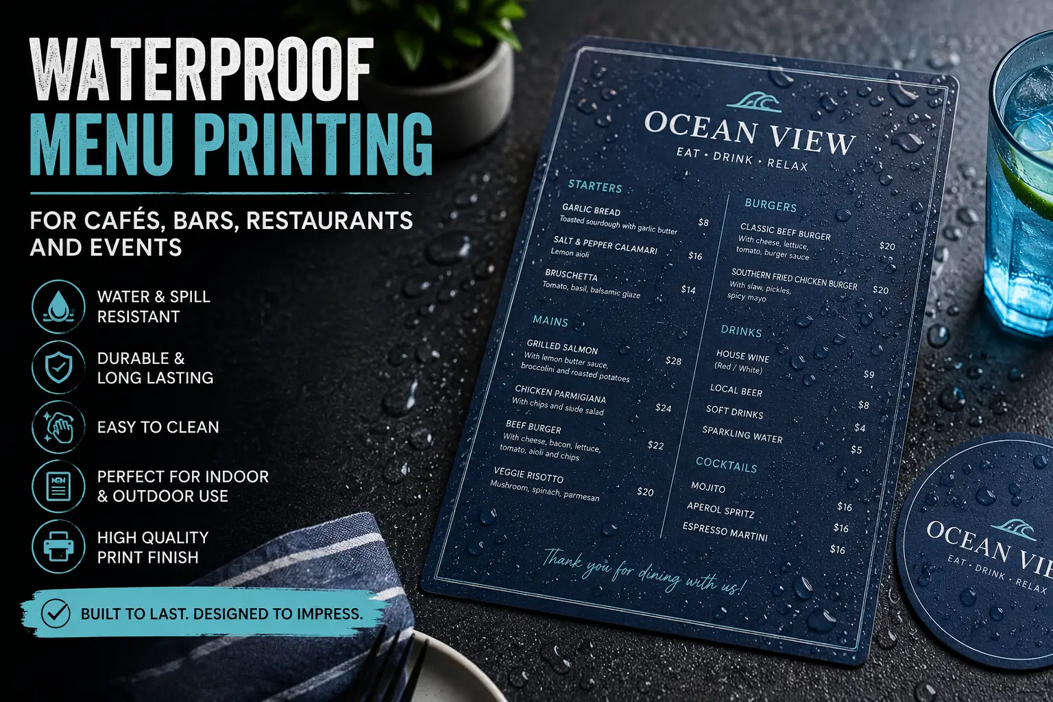 Promotional display for Coastal Coasters featuring branded print products for hospitality and retail marketing.