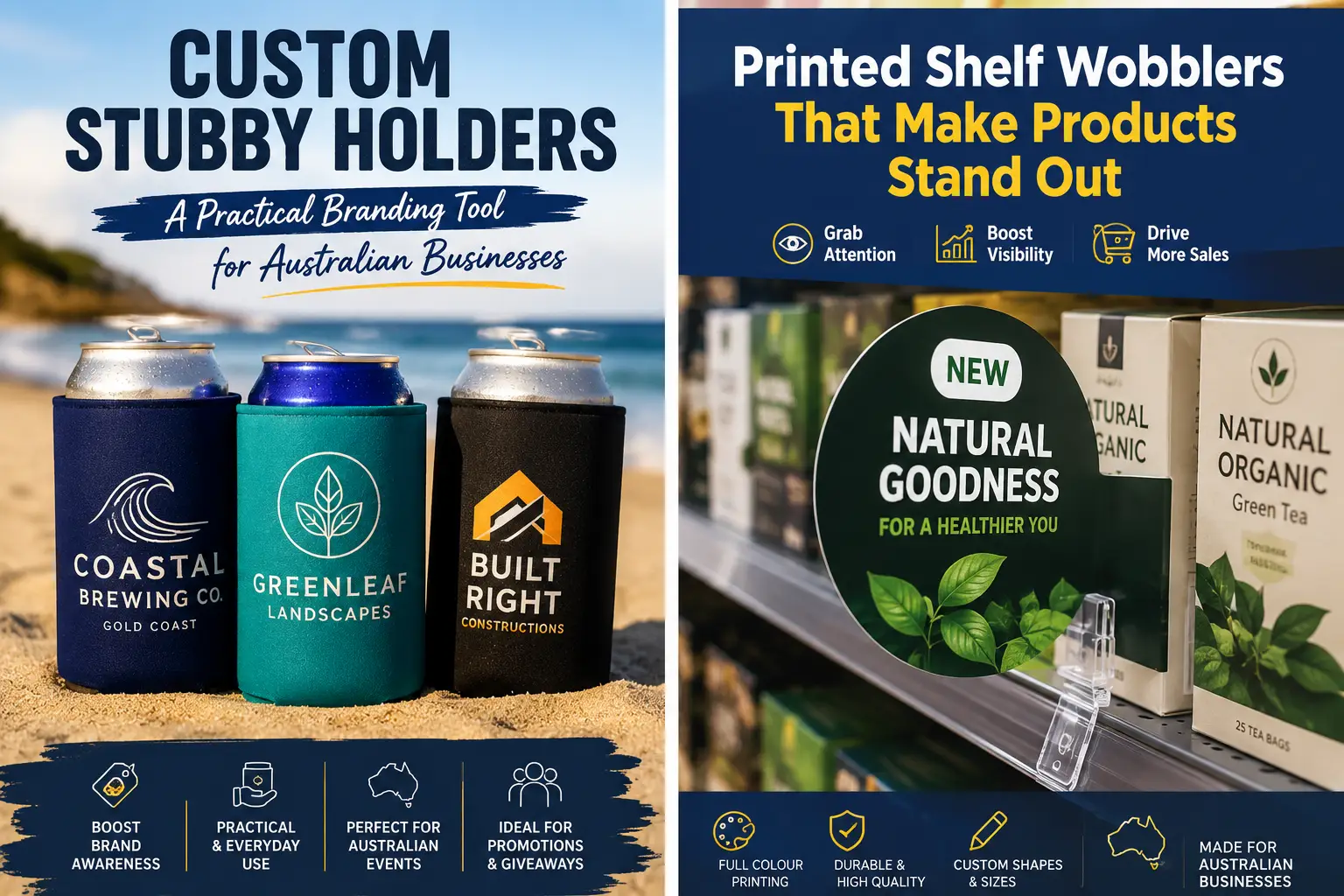 Promotional display for Coastal Coasters featuring branded print products for hospitality and retail marketing.