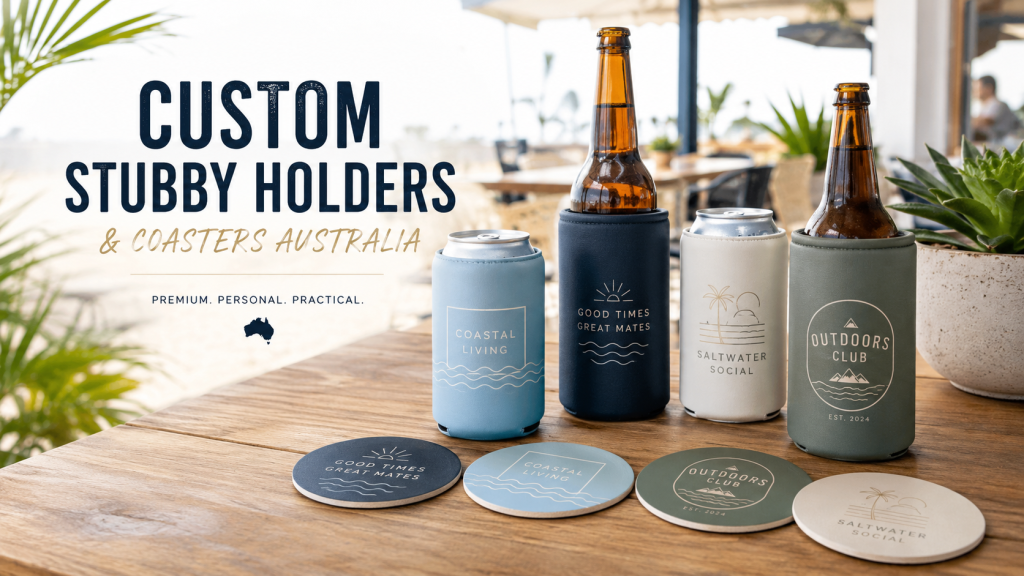 Custom stubby holders and matching custom coasters Australia displayed on a wooden table in a premium outdoor café setting.