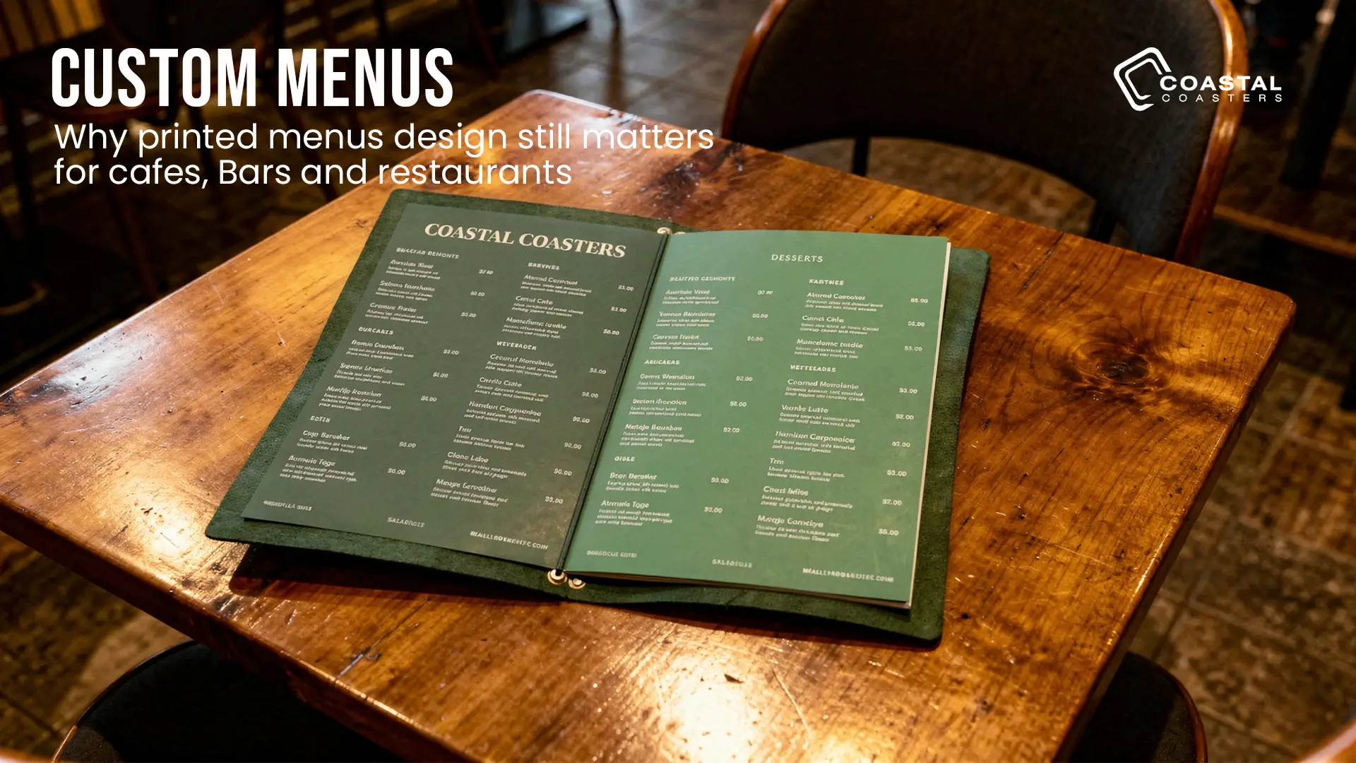 Custom Coastal Coasters printed menu placed on a café table