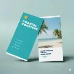 Two Coastal Coasters promotional brochures featuring a turquoise-branded cover and a tropical Gold Coast beach design.