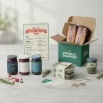 Coastal Coasters' promotional kit with custom packaging, a printed menu, rolled bar mats, branded jars, takeaway containers, business cards, and drink coasters.