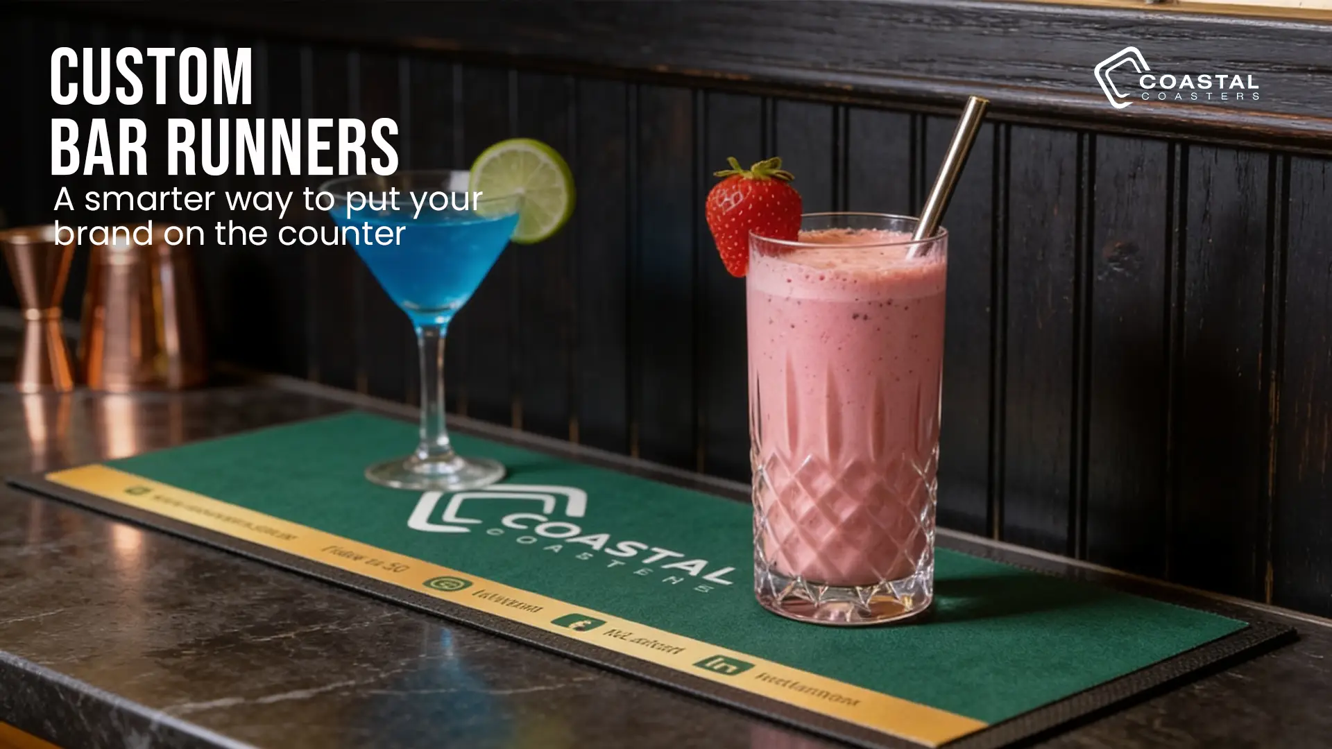 Custom Coastal Coasters bar runner displayed on a bar counter with cocktails