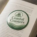 A round green and cream Coastal Coasters branded drink coaster resting on the pages of an open book.