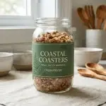 Glass jar of small-batch granola with a dark green Coastal Coasters label, styled with ceramic bowls and wooden utensils in a bright kitchen.