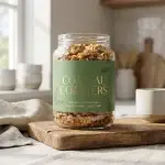Glass jar of salted maple and pecan granola with a green Coastal Coasters label, displayed on a wooden board in a warm, sunlit kitchen.
