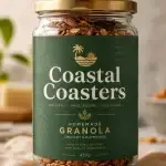 A glass jar of Coastal Coasters homemade granola with a dark green label, gold lid, and visible oats and nuts in a softly lit kitchen setting.