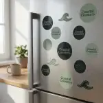 Round Coastal Coasters branded fridge magnets in dark green and sage tones, with wave and coastal graphics displayed on a stainless steel refrigerator.