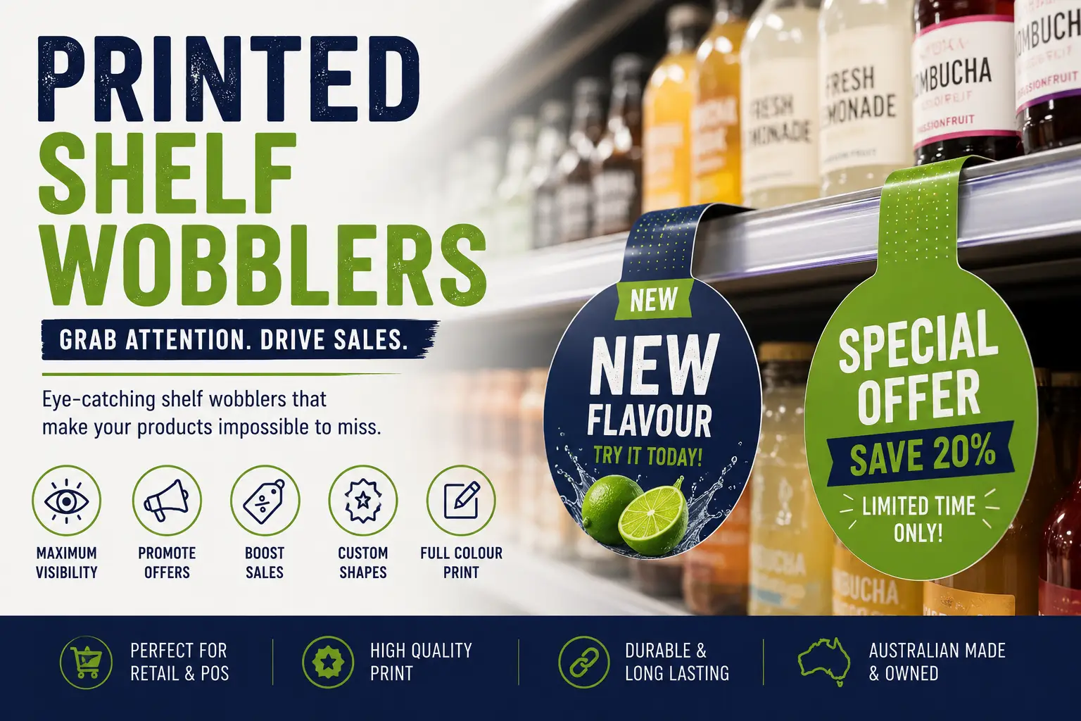 Promotional graphic featuring custom-printed shelf wobblers attached to a retail drinks shelf, advertising a new flavor and a limited-time 20% discount.