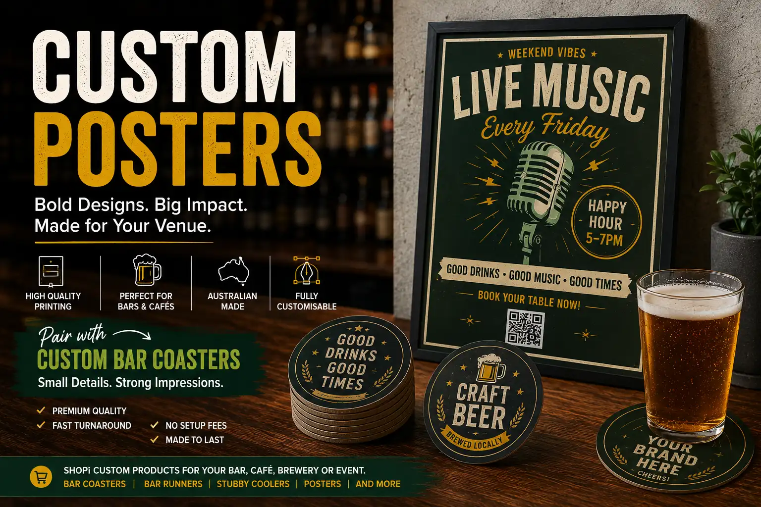 Promotional graphic featuring a framed custom live music poster, matching branded bar coasters, and a glass of beer displayed on a wooden bar counter.