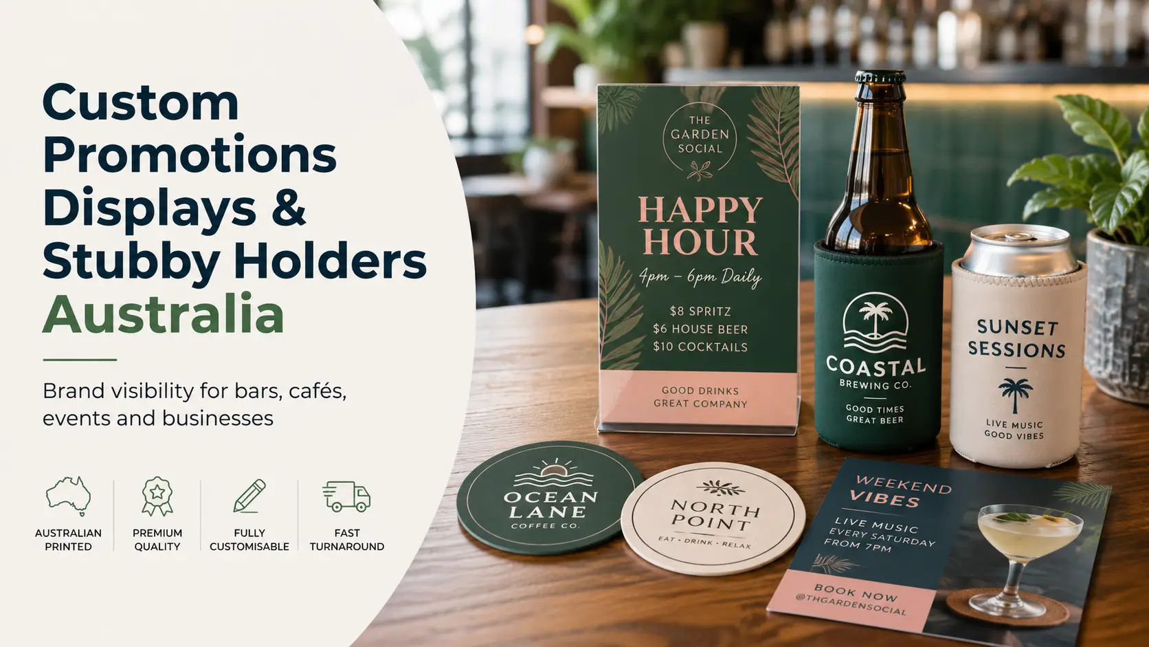 Promotional graphic featuring custom table displays, branded stubby holders, printed coasters, and a promotional flyer arranged on a café table, highlighting Australian printing, premium quality, and fast turnaround.