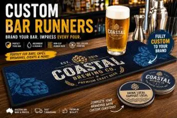 Coastal Coasters' promotional graphic featuring a fully customized branded bar runner displayed on a wooden bar beside a beer glass, cocktail shaker, and matching drink coasters.