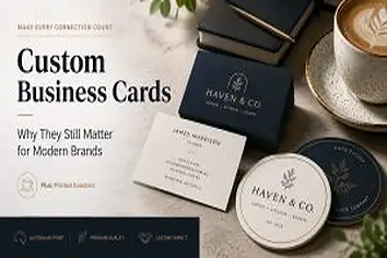 A flat-lay promotional graphic featuring custom Haven & Co. business cards, round branded cards, notebooks, and a cup of coffee, alongside the headline “Custom Business Cards: Why They Still Matter for Modern Brands.”