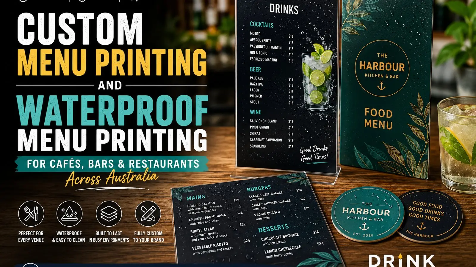 Promotional graphic featuring custom and waterproof menu printing for cafés, bars, and restaurants, with branded food and drinks menus, table displays, matching coasters, and cocktails arranged on a wooden bar.
