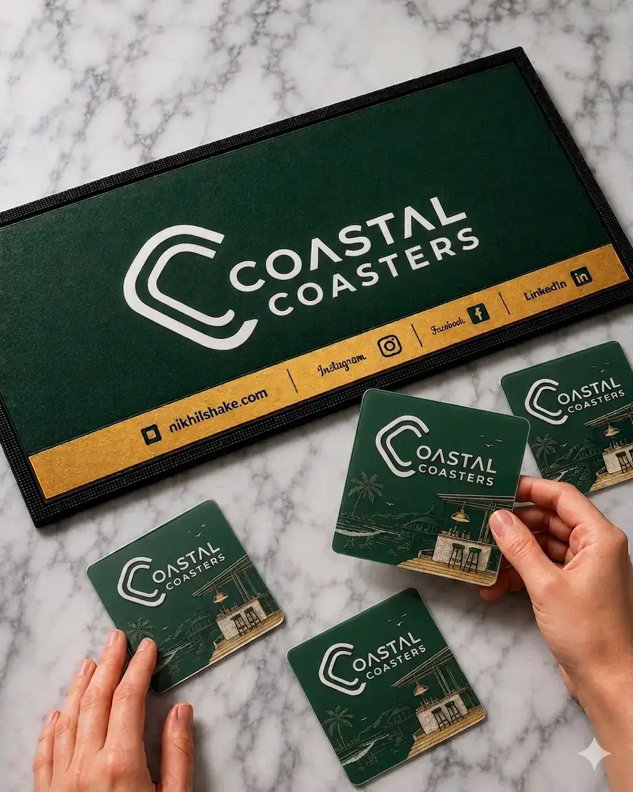 Dark green Coastal Coasters branded bar runner and matching square drink coasters are arranged on a white marble surface, with two hands holding the coasters.