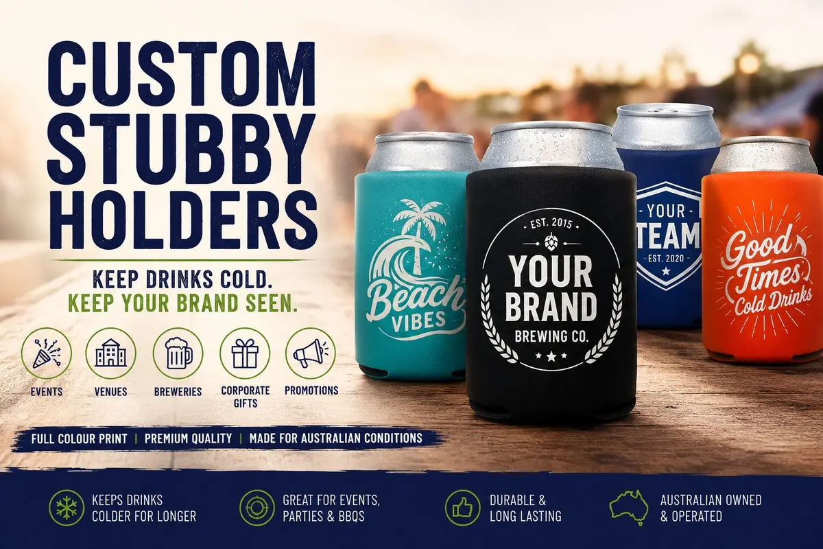 Promotional graphic showing four colorful custom stubby holders wrapped around chilled cans on a wooden table, designed for events, venues, breweries, corporate gifts, and brand promotions.