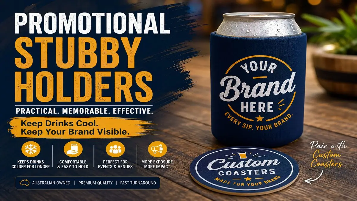 Promotional graphic showing a navy custom stubby holder wrapped around a chilled can, paired with a matching branded coaster on a wooden table, highlighting practical brand visibility for events and venues.