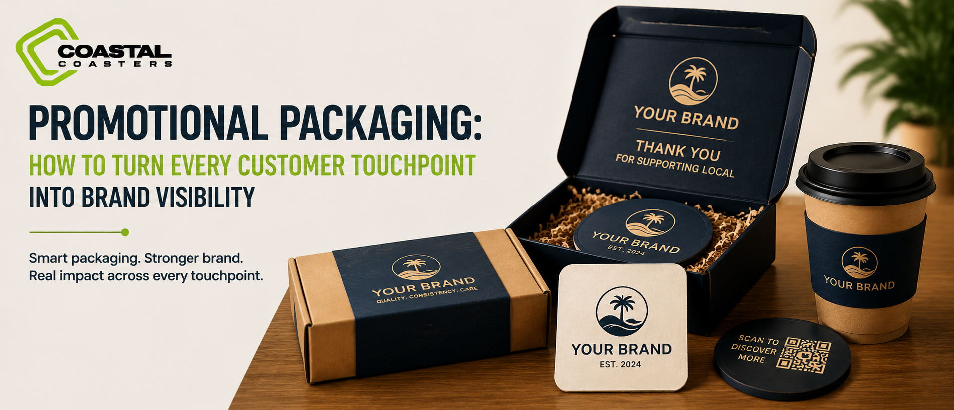 Coastal Coasters promotional packaging design featuring branded boxes, custom coasters, takeaway cup, and QR coaster arranged on a wooden surface with the message “Promotional Packaging: How to Turn Every Customer Touchpoint Into Brand Visibility.” The image highlights custom packaging solutions for hospitality, events, retail, and corporate branding.`