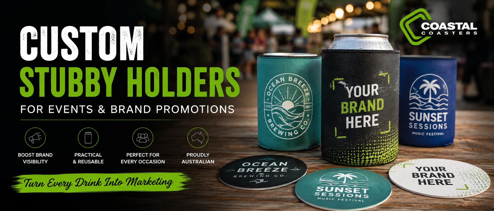 Custom stubby holders and branded coasters displayed for Australian events, breweries, hospitality venues and promotional campaigns.