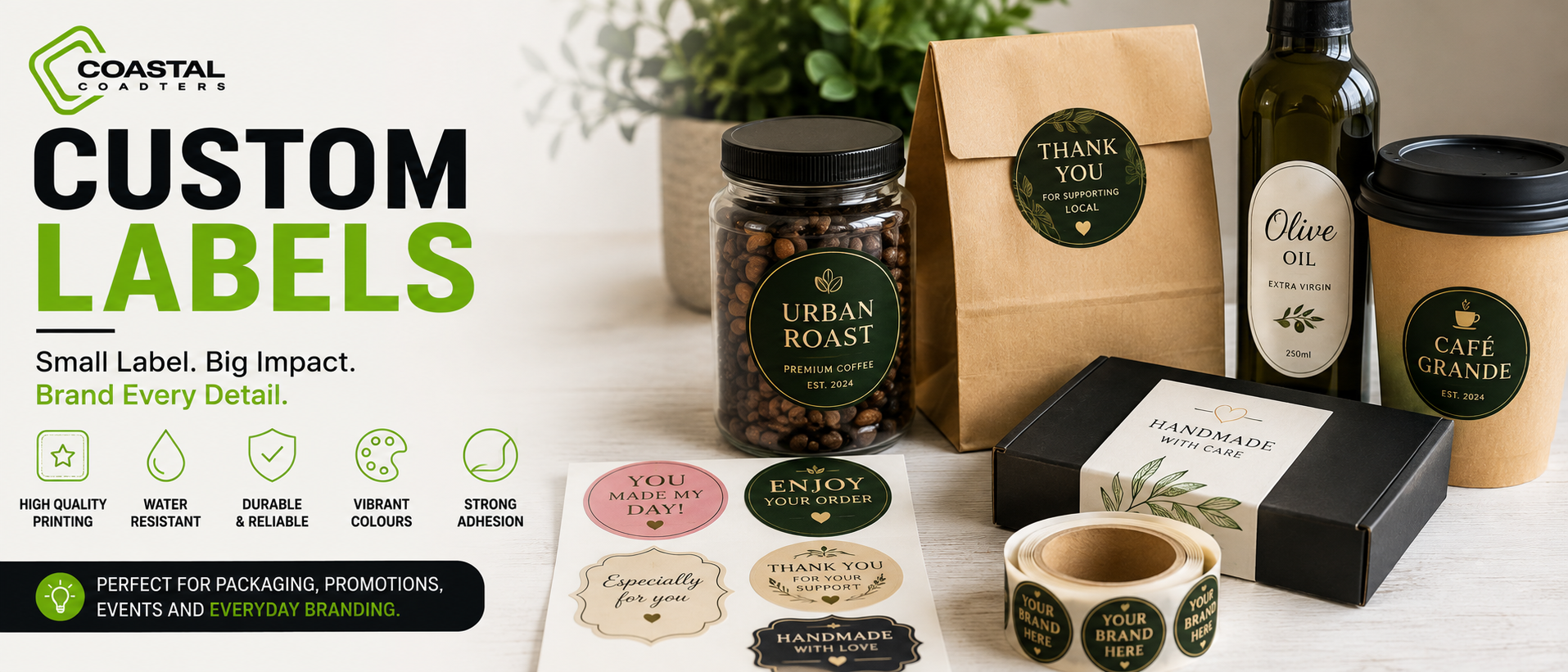 Coastal Coasters custom labels displayed on coffee jars, takeaway packaging, bottles, boxes and sticker rolls, showcasing branded packaging and promotional label printing.