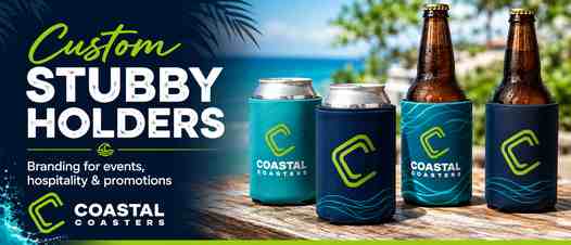 Coastal Coasters custom stubby holders featuring branded can and bottle coolers in navy, teal, and lime green for events, hospitality, breweries, and promotions.