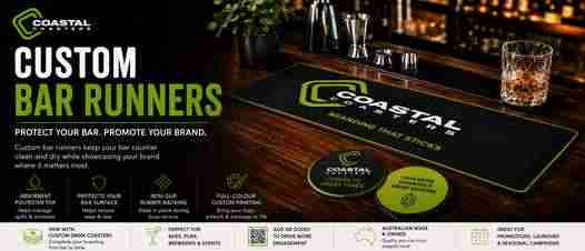 Coastal Coasters custom bar runners and custom drink coasters displayed in a bar setting, showcasing branded printing for pubs, breweries, events, and promotions.