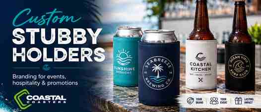 Coastal Coasters custom stubby holders featuring branded can and bottle coolers for events, hospitality venues, breweries, and promotional campaigns.