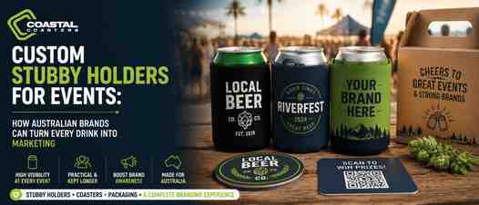 Coastal Coasters promotional banner showcasing custom stubby holders for events, featuring branded drink can coolers, custom coasters, QR code cards, and event packaging on a festival-style table setup. The image highlights how Australian brands can use reusable stubby holders to increase brand visibility, promote campaigns, and create memorable event experiences.